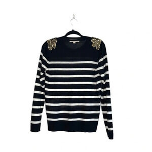 Ann Taylor LOFT Black & White Striped Sequin Shoulders Sweater Medium Women’s